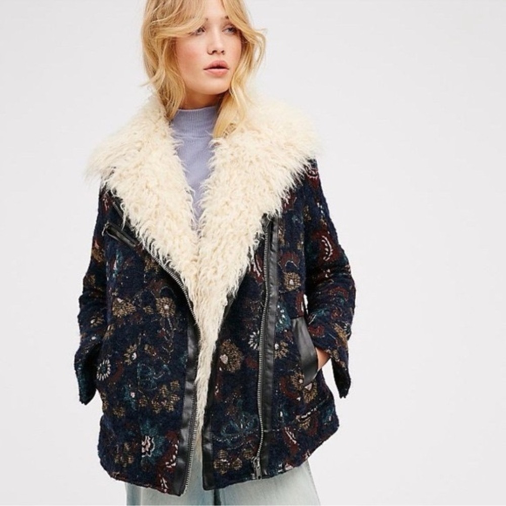 Free People Jacquard/wool Faux Mongolian moto jacket sz M